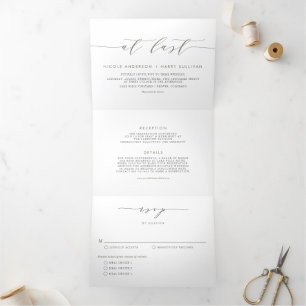 Endlich Taupe Green Minimalistisch Script Wedding Dreifach Gefaltete Einladung
