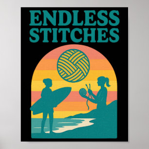 Endlose Stiche Stricken Surfen Retro Sonnenunterga Poster