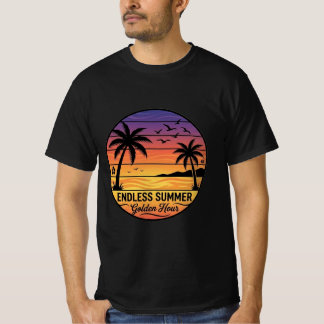 Endloser Sommer Retro Sonnenuntergang Strand Palme T-Shirt