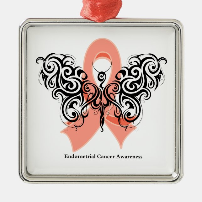 Endometrialer Krebs Stamm Butterfly Ribbon Silbernes Ornament (Vorne)