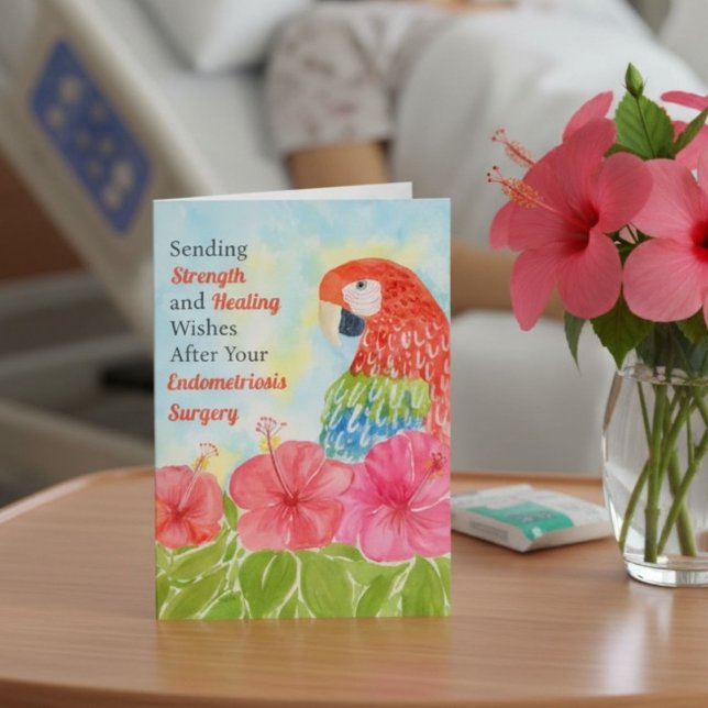 Endometriosis Healing Scarlet Macaws, Hibiscus Karte (Von Creator hochgeladen)