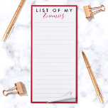 Enemies List Elegante Rote Grenze Magnetischer Notizblock<br><div class="desc">Ein weiteres lächerliches Notizblock von JessicaAmber! Behalt die Spur aller Feinde, an einem einfachen Ort. Dieses Notizbuch in Weiß weist eine rote Grenze und einen festlichen Titel auf, der "Liste meiner Feinde" sagt. Bearbeiten Sie den Text nach Bedarf. Großartiges kleine Geschenk für deine Mutter! ・ ・ ・ am 30. November...</div>