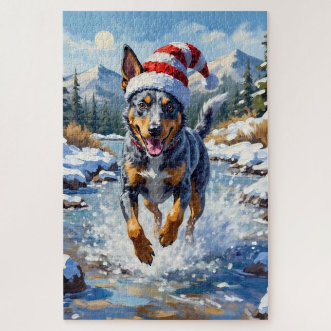 Energetic Blue Heeler Dog Winter Creek Christmas Puzzle (Vertikal)