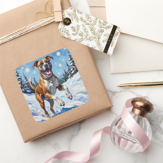 Energetic Boxer Dog Leaping in Winter Snow Fun Quadratischer Aufkleber (Schenken)