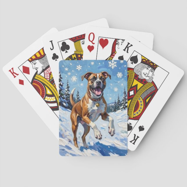 Energetic Boxer Dog Leaping in Winter Snow Fun Spielkarten (Rückseite)