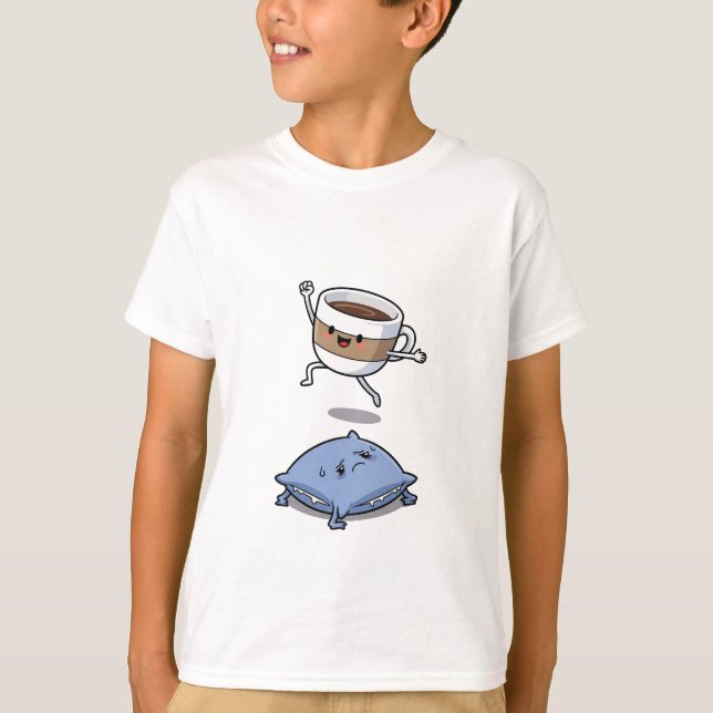Energetic Cartoon Coffee Cup Jumping Over  T-Shirt (Vorderseite)