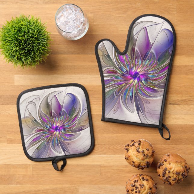 Energetic, Colorful Abstract Fractal Art Flower Ofenhandschuh & Topflappen-Set (Oben Unten)