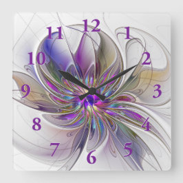 Energetic, Colorful Abstract Fractal Art Flower Quadratische Wanduhr