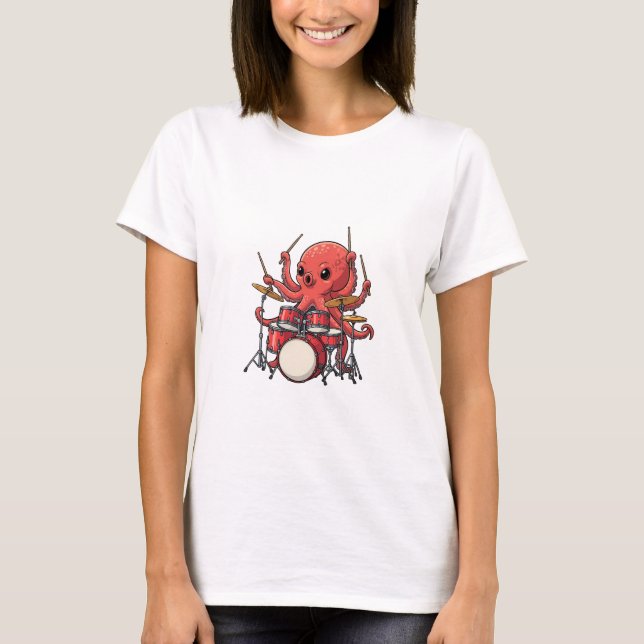 Energetic Red Octopus Drummer Multitasking T-Shirt (Vorderseite)