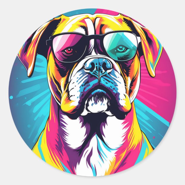 Energetischer Boxerhund mit Sonnenbrille Pop Art Runder Aufkleber (Vorderseite)