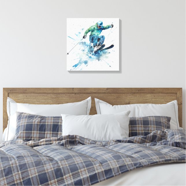 Energetischer Skifahrer in Blue Jacket - Fesselnde Leinwanddruck (Insitu (Schlafzimmer))