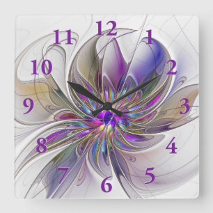 Energische, farbenfrohe abstrakte fraktale Blumenk Quadratische Wanduhr