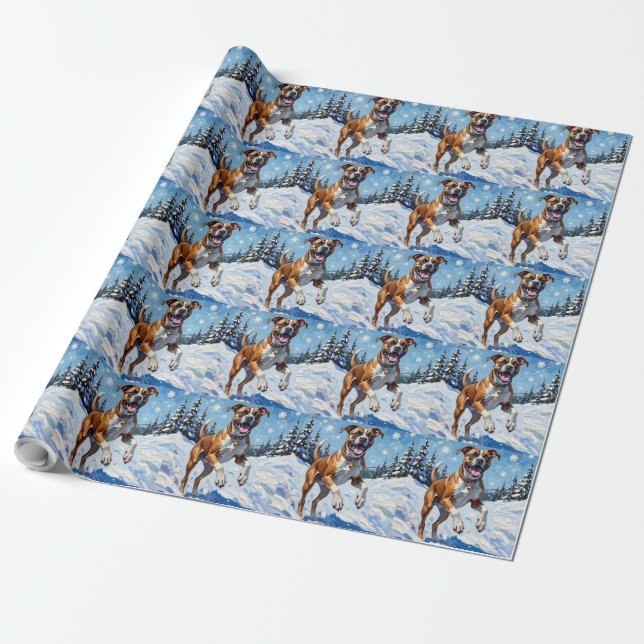 Energischer Boxerhund springt im Winterschnee Spaß Geschenkpapier (Ungerollt)
