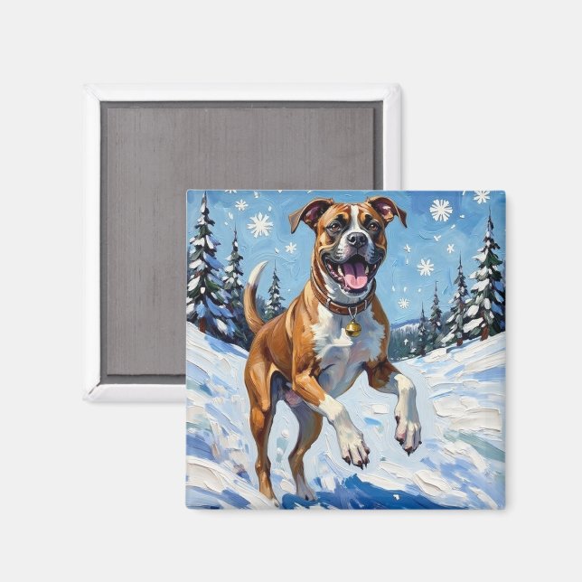 Energischer Boxerhund springt im Winterschnee Spaß Magnet (Vorderseite/Rückseite)