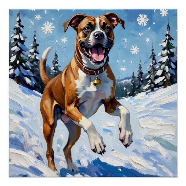 Energischer Boxerhund springt im Winterschnee Spaß Poster (Vorderseite)