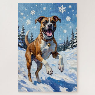 Energischer Boxerhund springt im Winterschnee Spaß Puzzle