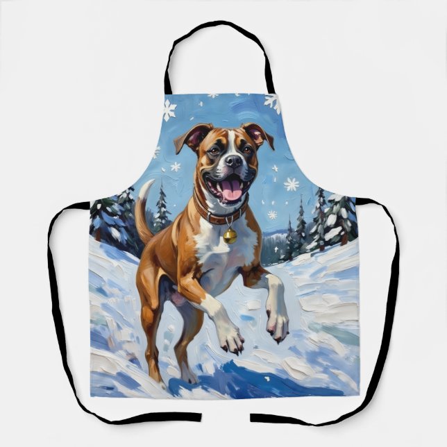 Energischer Boxerhund springt im Winterschnee Spaß Schürze (Vorderseite)