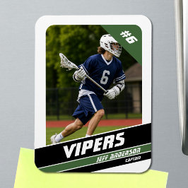 Energischer grüner weißer Lacrosse-Spieler-Foto-Ma Magnet
