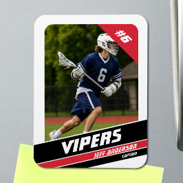 Energischer roter weißer Lacrosse-Spieler-Foto Magnet