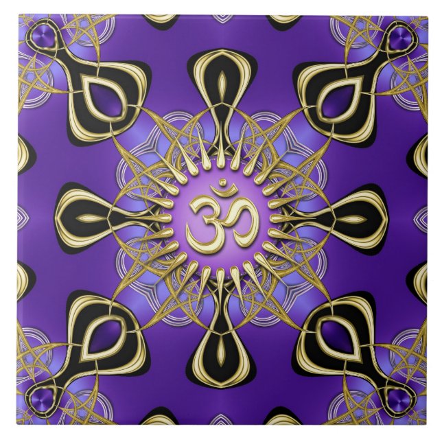 Energy Lila Gold Om Geometry Mandala Fliese (Vorderseite)