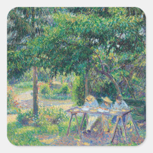 Enfables attablés dans le jardin Camille Pissarro Quadratischer Aufkleber