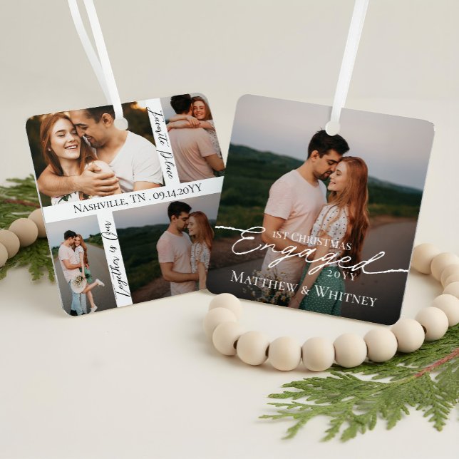 Engaged Couple 1st Christmas Elegant Photo Collage Ornament Aus Metall (Engaged Couple 1st Christmas Elegant Photo Collage Metal Ornament)