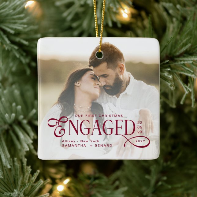 Engaged Couples 2 Photos Stylish First Christmas Keramikornament (Baum)