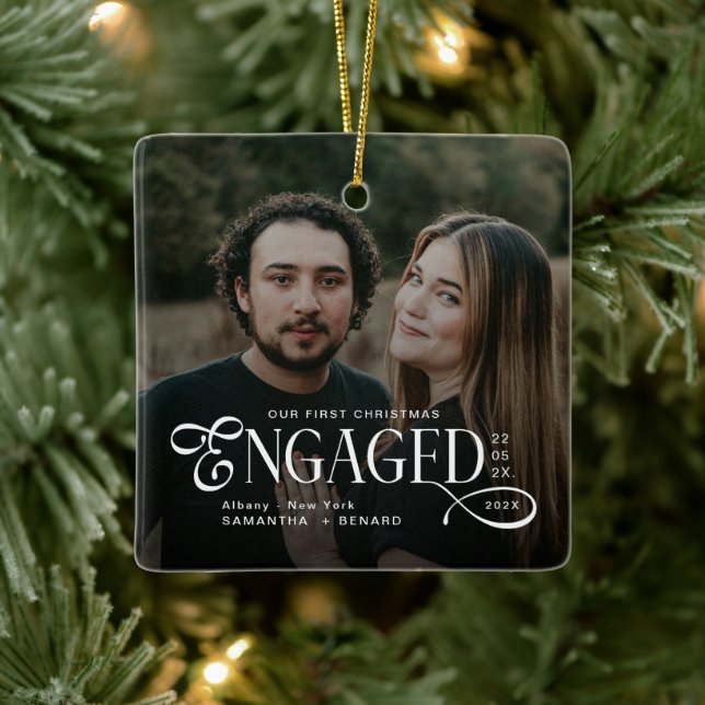 Engaged Couples 2 Photos Stylish First Christmas Keramikornament (Baum)