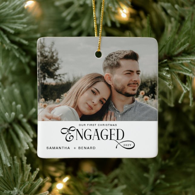 Engaged Couples  Photo Stylish First Christmas Keramikornament (Baum)