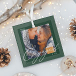 Engaged Modern Script Couples Photo & Monogram Ornament Aus Glas<br><div class="desc">Beautiful engagement photo ornament to cherish. Design features personalized photo with elegant modern "Engaged" script photo overlay. Custom with couple's monogram and year. Background color can be changed using the Zazzle design tool. Design by Moodthology Papery.</div>