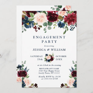 ENGAGEMENT PARTEI "Burgund Navy Blush Blume" Einladung