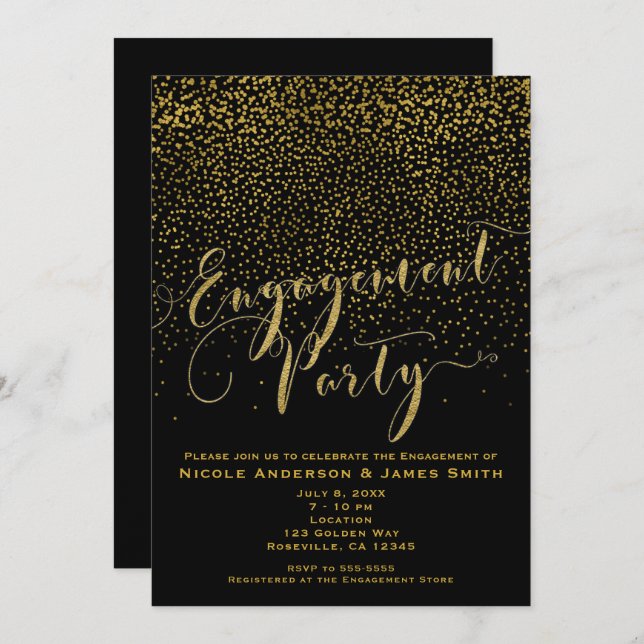 ENGAGEMENT PARTEI Dusche Black & Gold Confetti Gla Einladung (Vorne/Hinten)