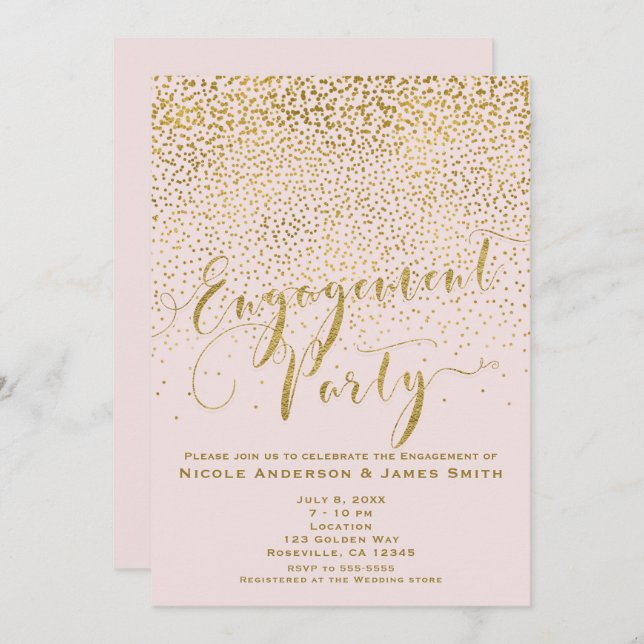 ENGAGEMENT PARTEI Dusche Rosa & Gold Confetti Einladung (Vorne/Hinten)