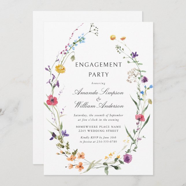 ENGAGEMENT PARTEI "Elegante Watercolor Wilde Blume Einladung (Vorne/Hinten)