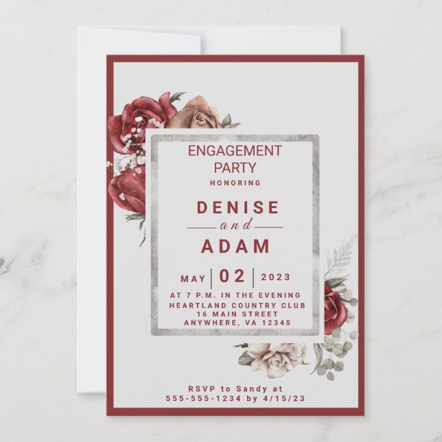 Engagement-Partei für Burgund, Rose, Weiße Rosen Einladung (Vorderseite)
