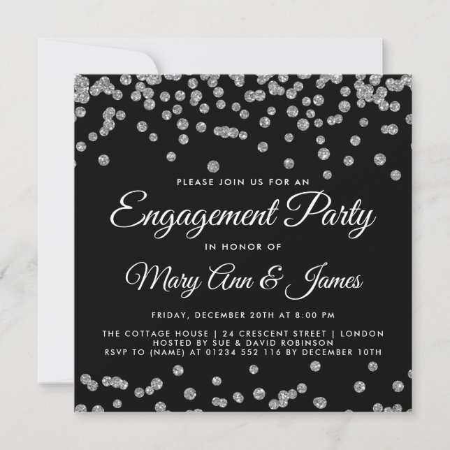 Engagement Partei Silver Glitzer Confetti Black Einladung (Vorderseite)