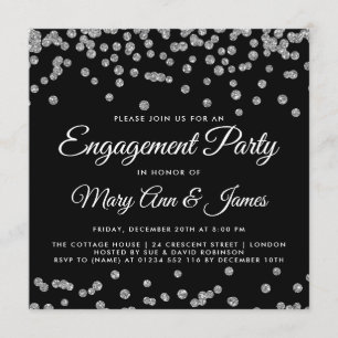 Engagement Partei Silver Glitzer Confetti Black Einladung