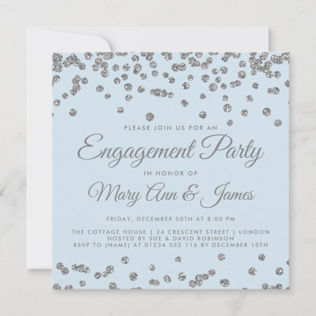 Engagement Partei Silver Glitzer Confetti Ice Blue Einladung (Vorderseite)