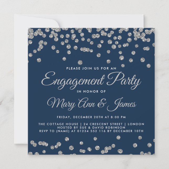 Engagement Partei Silver Glitzer Confetti Navy Bla Einladung (Vorderseite)