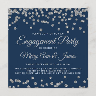 Engagement Partei Silver Glitzer Confetti Navy Bla Einladung