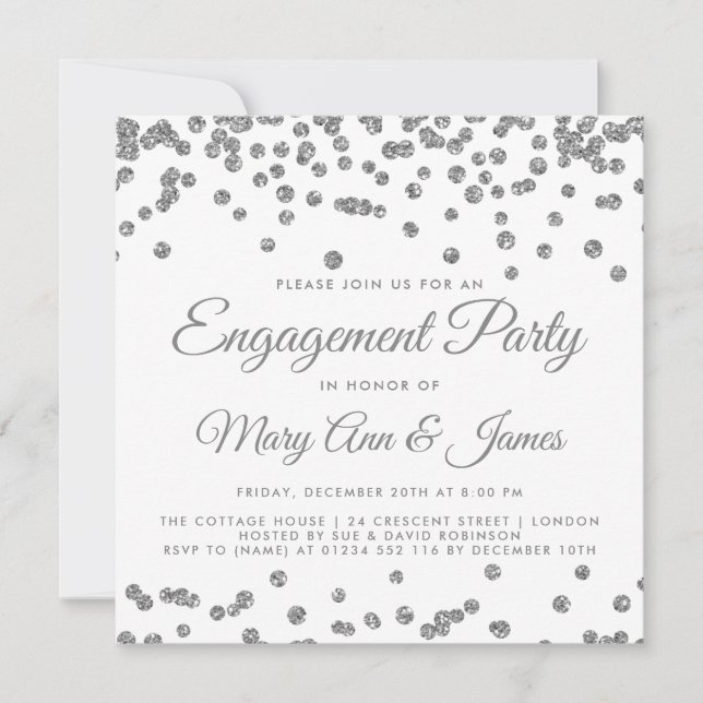 Engagement Partei Silver Glitzer Confetti winter+w Einladung (Vorderseite)