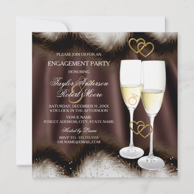 Engagement Party Brown Black Champagne Herz Einladung (Vorderseite)