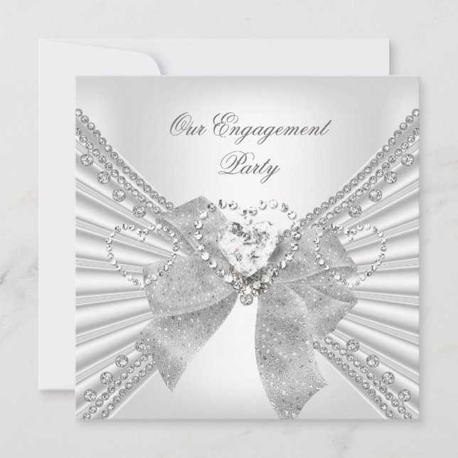 Engagement Party Diamond Herz White Silver Bow Einladung (Vorderseite)