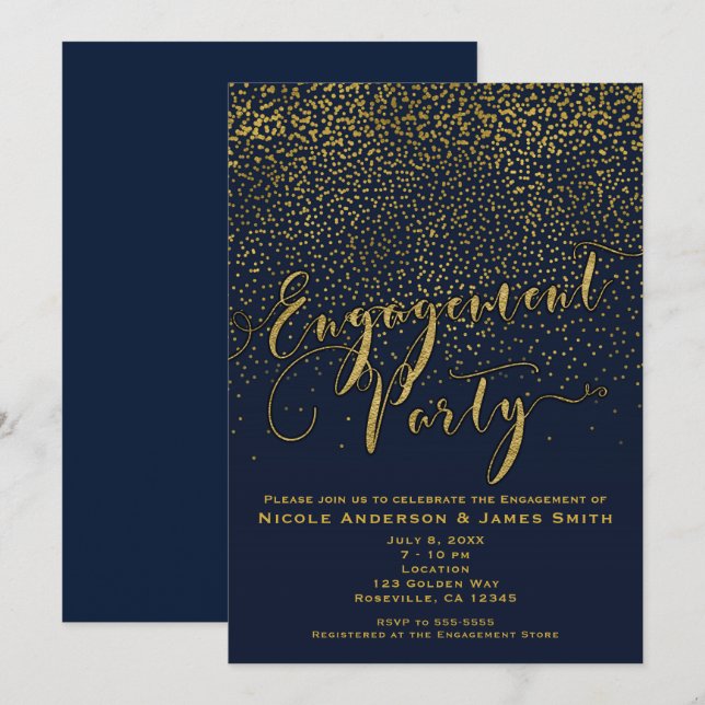 ENGAGEMENT PARTY Dusche Navy Blue & Gold Confetti Einladung (Vorne/Hinten)