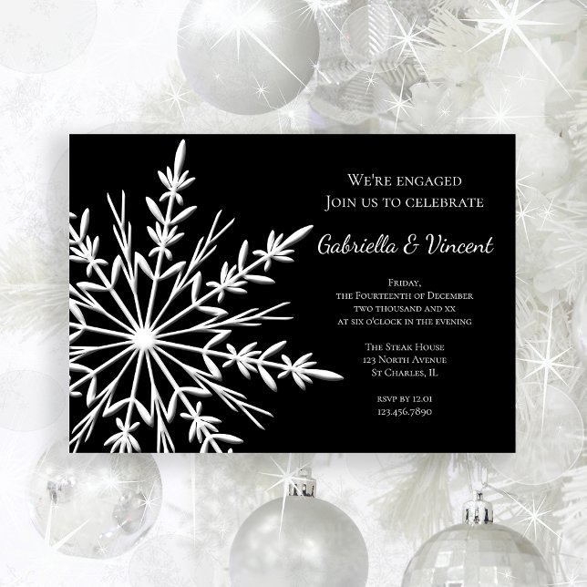 Engagement Party für Schwarz und Weiß im Winter Einladung (Celebrate your winter engagement with this festive Black and White Snowflake Party Invitation.)