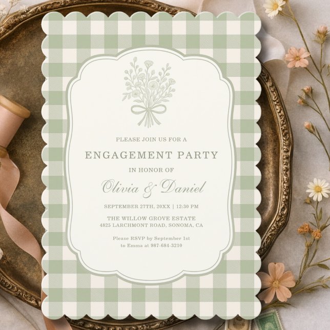 Engagement Party  Gingham Floral Sage Green Einladung (Von Creator hochgeladen)