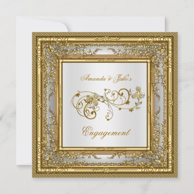 Engagement Party Gold White Damask Floral Einladung (Vorderseite)