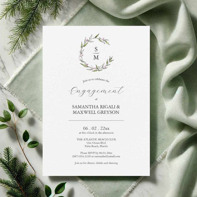 Engagement Party Invitations Winter Botanical Einladung (Hand drawn engagement party invitations botanical art by Victoria Grigaliunas of Do Tell A Belle)