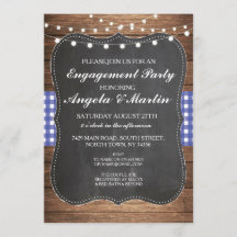 Engagement Party Lights Blauer Karo Holz Einladung