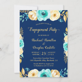 Engagement Party - Navy Blue Aquamarin Gold Floral Einladung